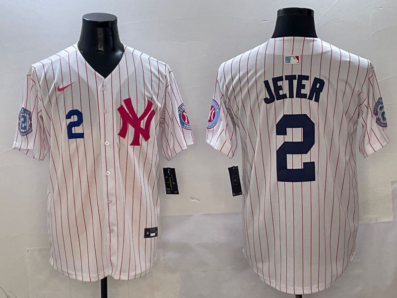Men New York Yankees #2 Jeter White Stripe Jointly Name Nike 2025 MLB Jersey style 4